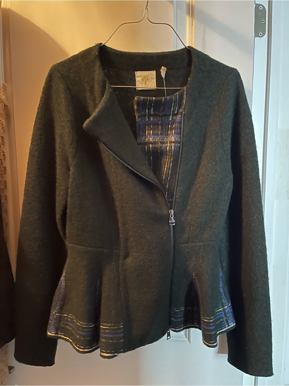 Anthropologie Dark Green Zip Wool Jacket with Plaid Trim